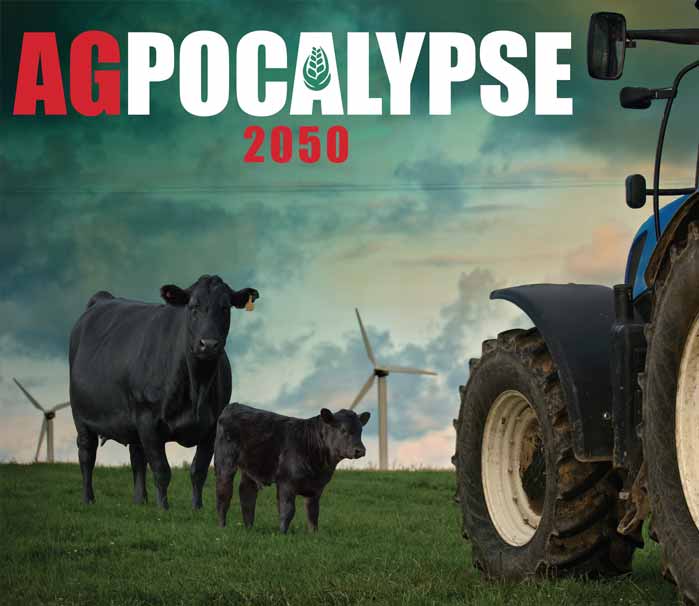 Agpocalypse 2050 game with cows and tractor in wind turbine field