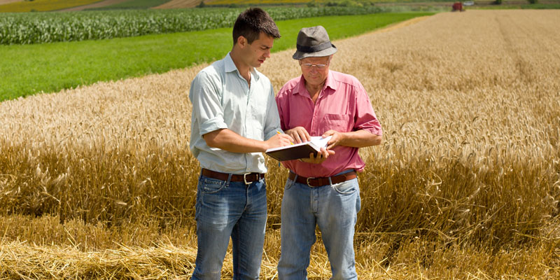 two farmers in a field learning to use a computer