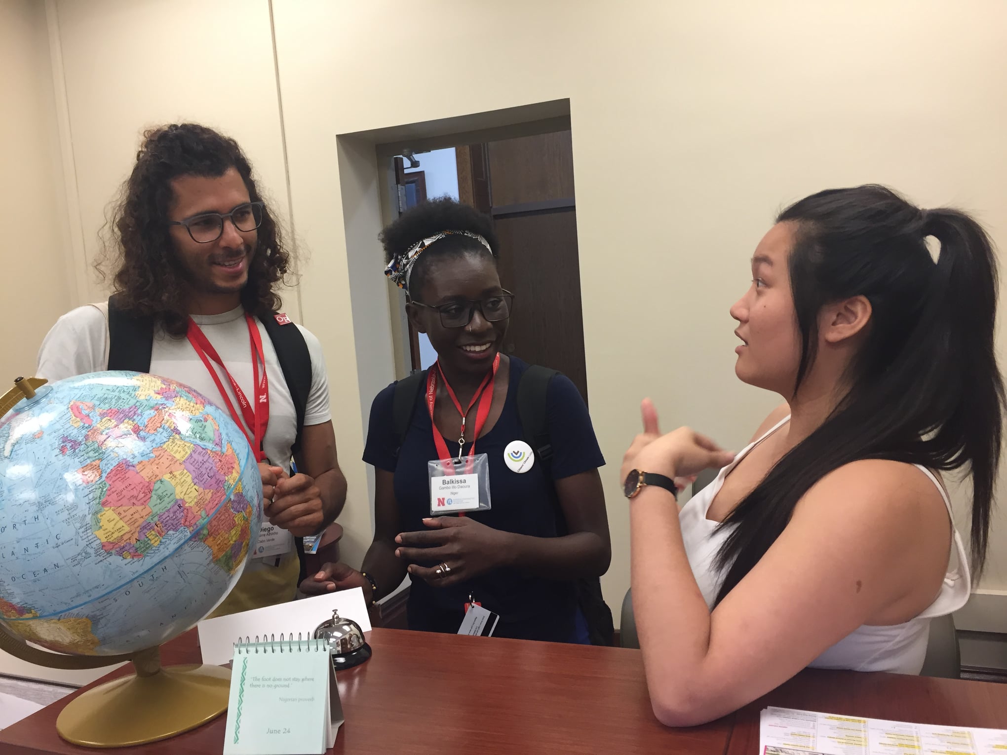 Yi Xuen Tay, a former intern and later staff member, engages visiting Mandela Washington Fellows, Diego and Balkissa (from Cabo Verde and Niger, respectively) in the space which will now serve as the physical Global Learning Hub, in Agricultural Hall 202