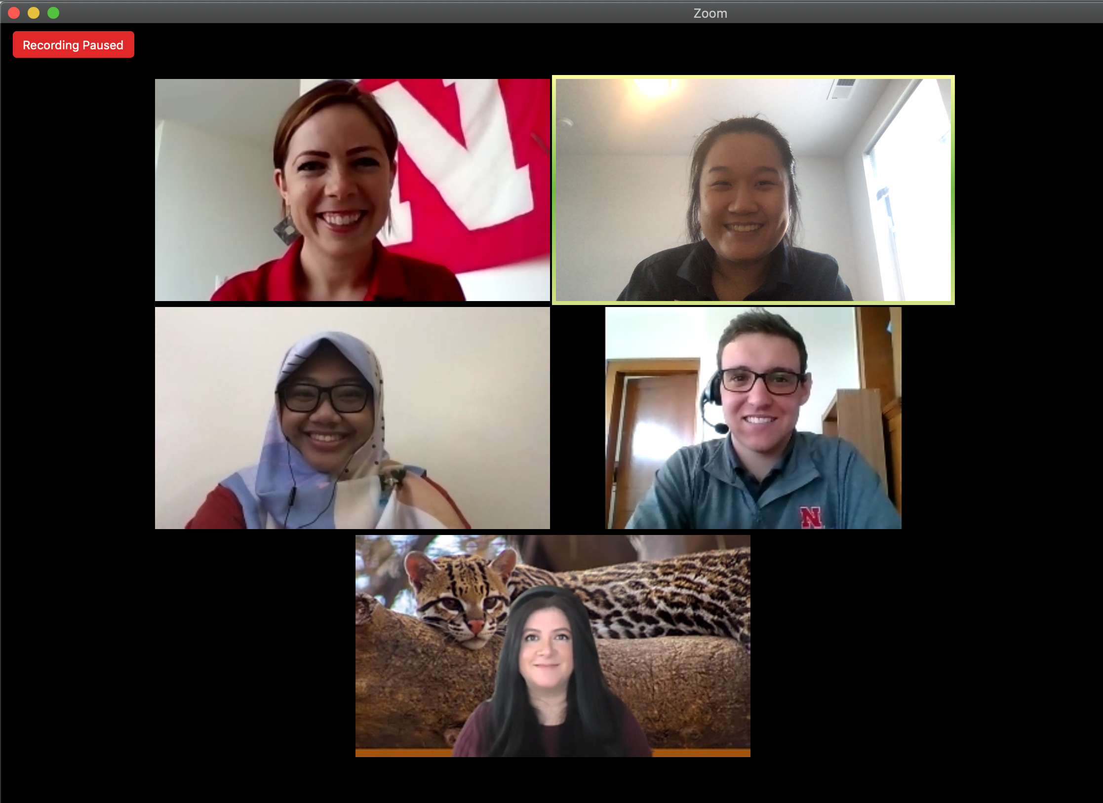 Zoom meeting screenshot featuring past and present Fulbright scholars who shared their Nebraska experiences (second row l to r: Kiki Rizki Amalia and Agustín Olivo, third row: Gabriela Palomo-Munoz) participate in an online panel discussion, moderated by IANR Global Staff Brianne Wolf and Yi Xuen Tay (first row, l to r) 
