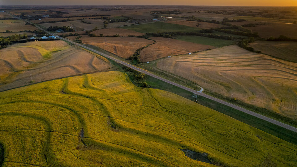 Aerial photo of farmland at sunset.