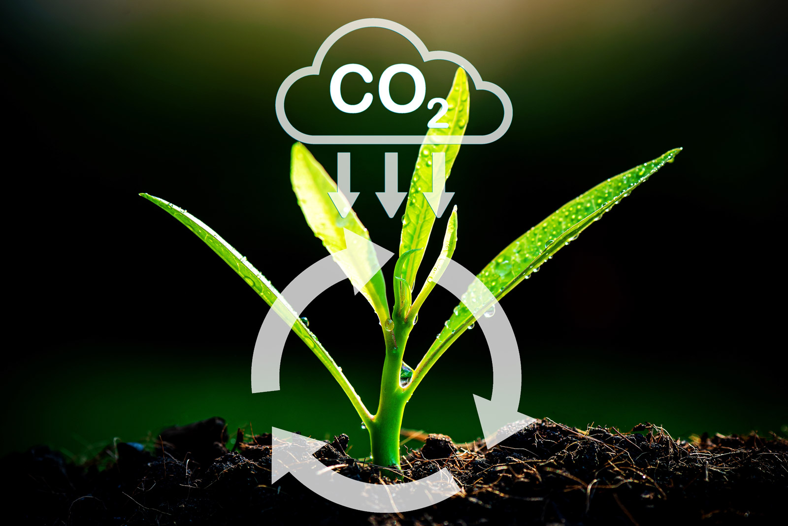 Seedling with a graphic of carbon dioxide cycle overlayed.